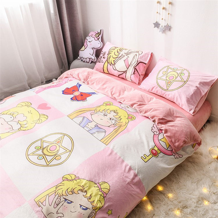 Sailor Moon Bedding Set Sailor Moon Cat And Symbol Pattern Duvet Covers Pink Unique Gift