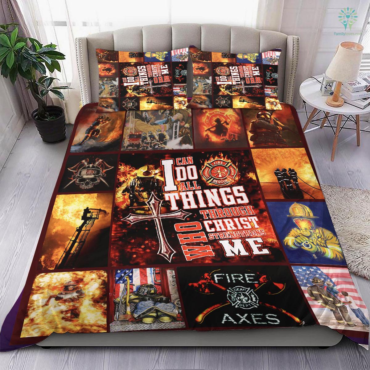 Firefighter Bedding Set Firefighter I Do Do All Things Through Christ Duvet Covers Black Red Unique Gift