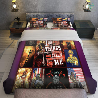 Firefighter Bedding Set Firefighter I Do Do All Things Through Christ Duvet Covers Black Red Unique Gift