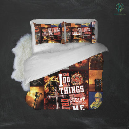 Firefighter Bedding Set Firefighter I Do Do All Things Through Christ Duvet Covers Black Red Unique Gift