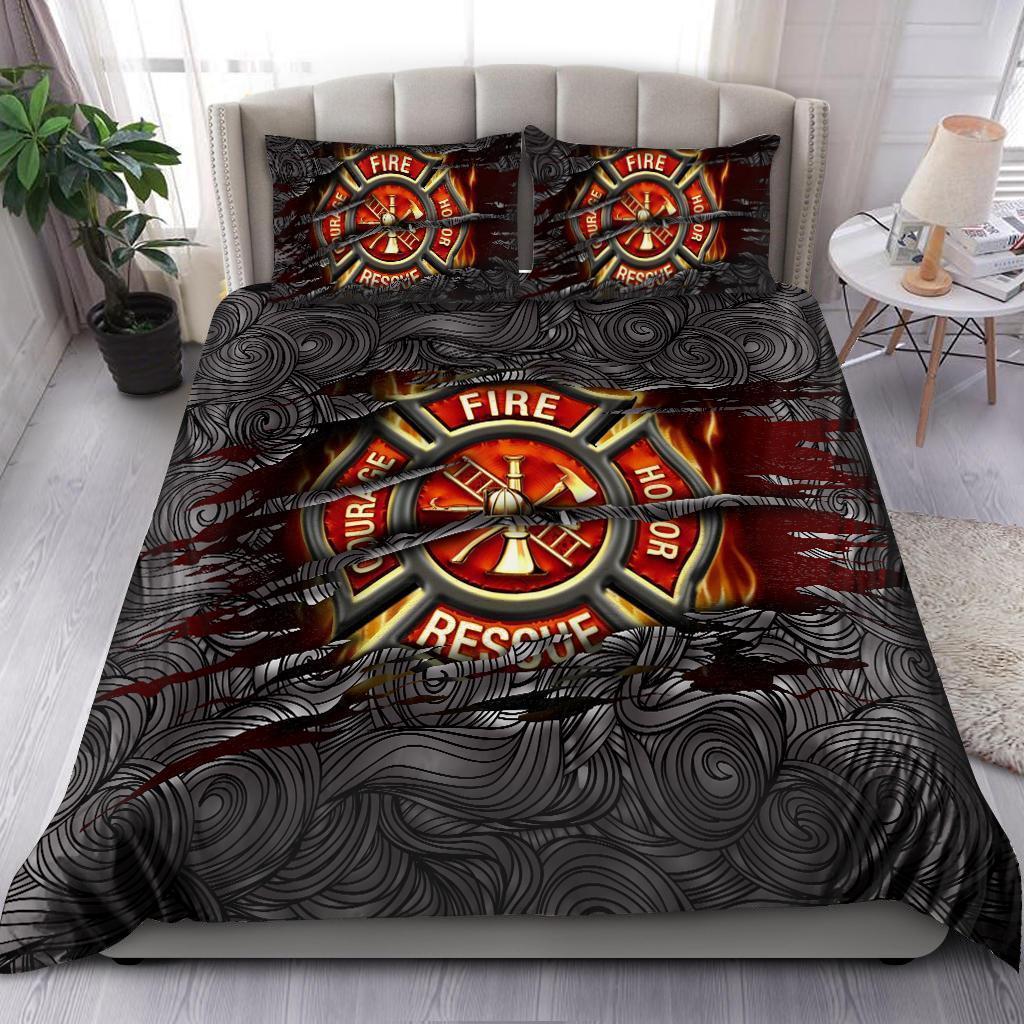 Firefighter Bedding Set Firefighter Symbol Wave Pattern Duvet Covers Black Unique Gift