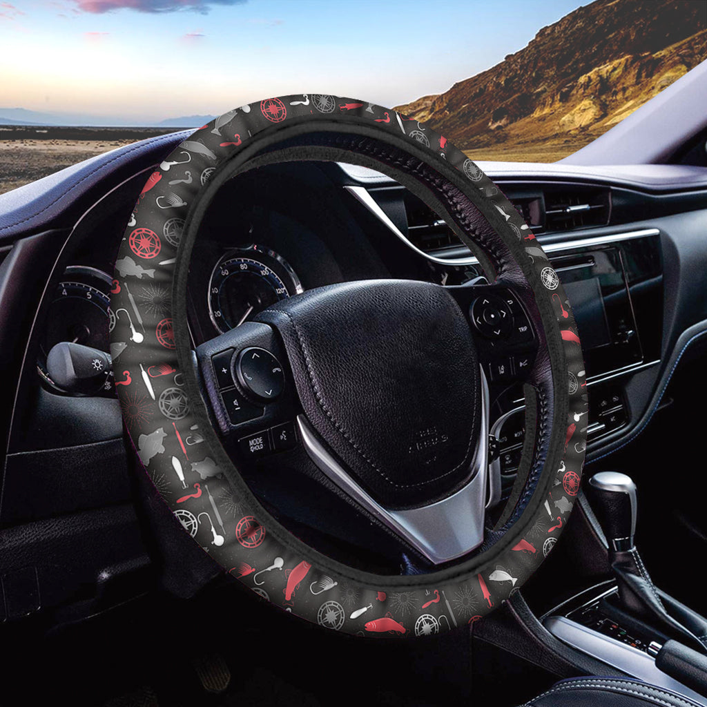 Fishing Steering Wheel Cover Fishing Gear Items Pattern Driving Wheel Cover Black