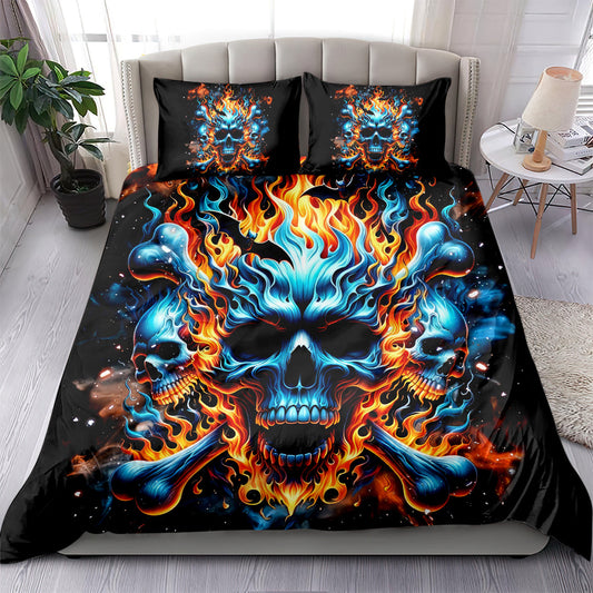 Skull Bedding Set Flaming Skull And Bone Duvet Covers Black Blue Unique Gift