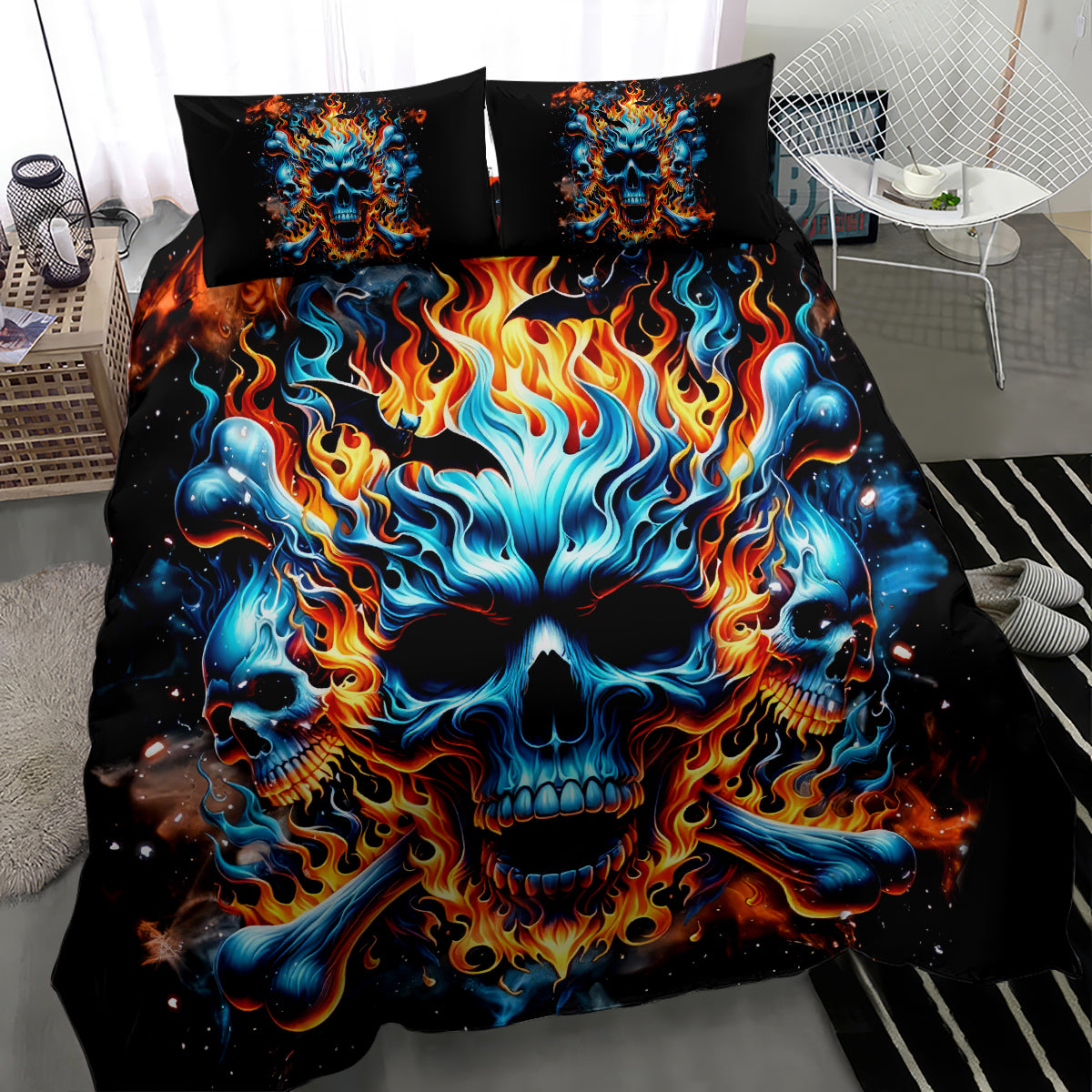 Skull Bedding Set Flaming Skull And Bone Duvet Covers Black Blue Unique Gift