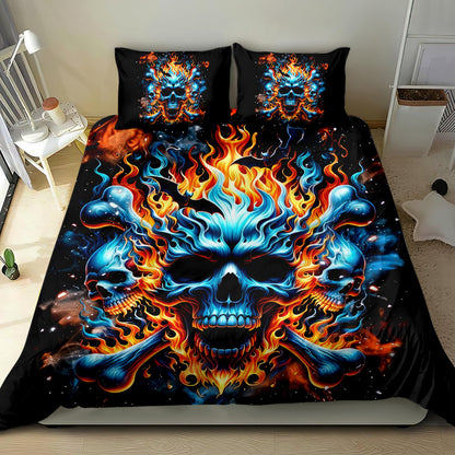 Skull Bedding Set Flaming Skull And Bone Duvet Covers Black Blue Unique Gift