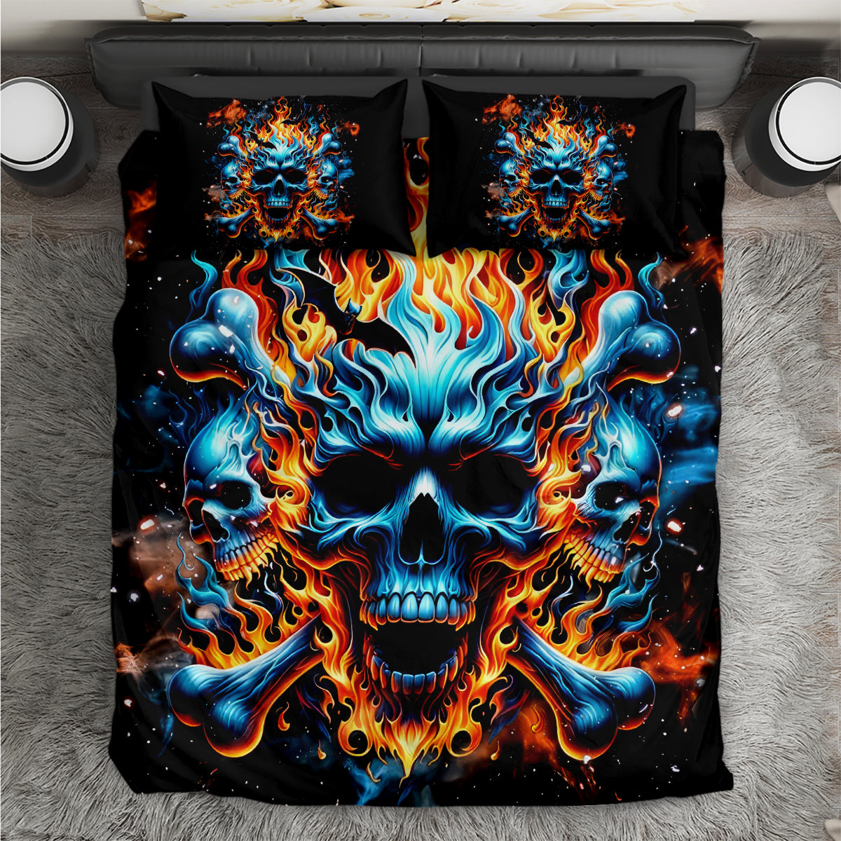 Skull Bedding Set Flaming Skull And Bone Duvet Covers Black Blue Unique Gift