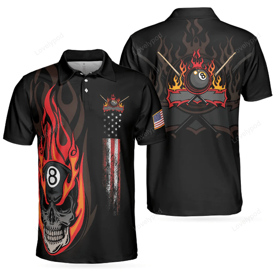 Billard Polo Shirt Flame Skull Billiards Pool Boys Polo Shirts Black