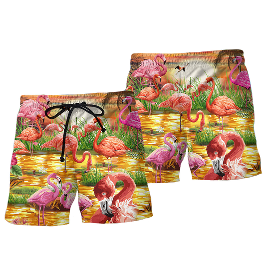 Flamingo Shorts Romantic Sunset With Flamingo Beach Shorts Pink Yellow