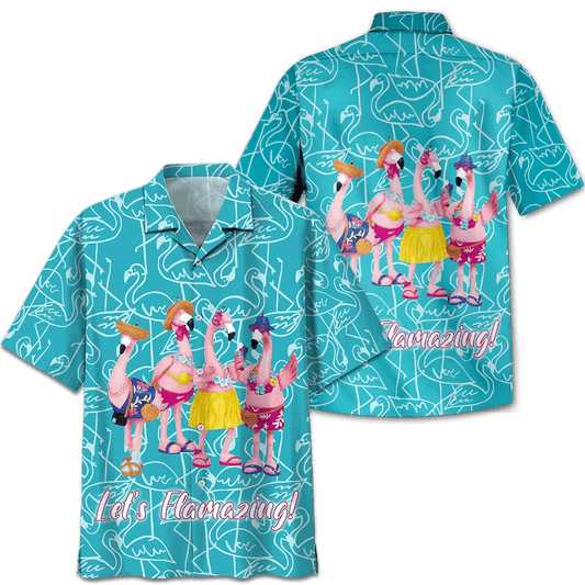 Flamingo Hawaii Shirt Let’s Flamazing Tropical Pattern Hawaiian Shirt Pink Blue Unisex
