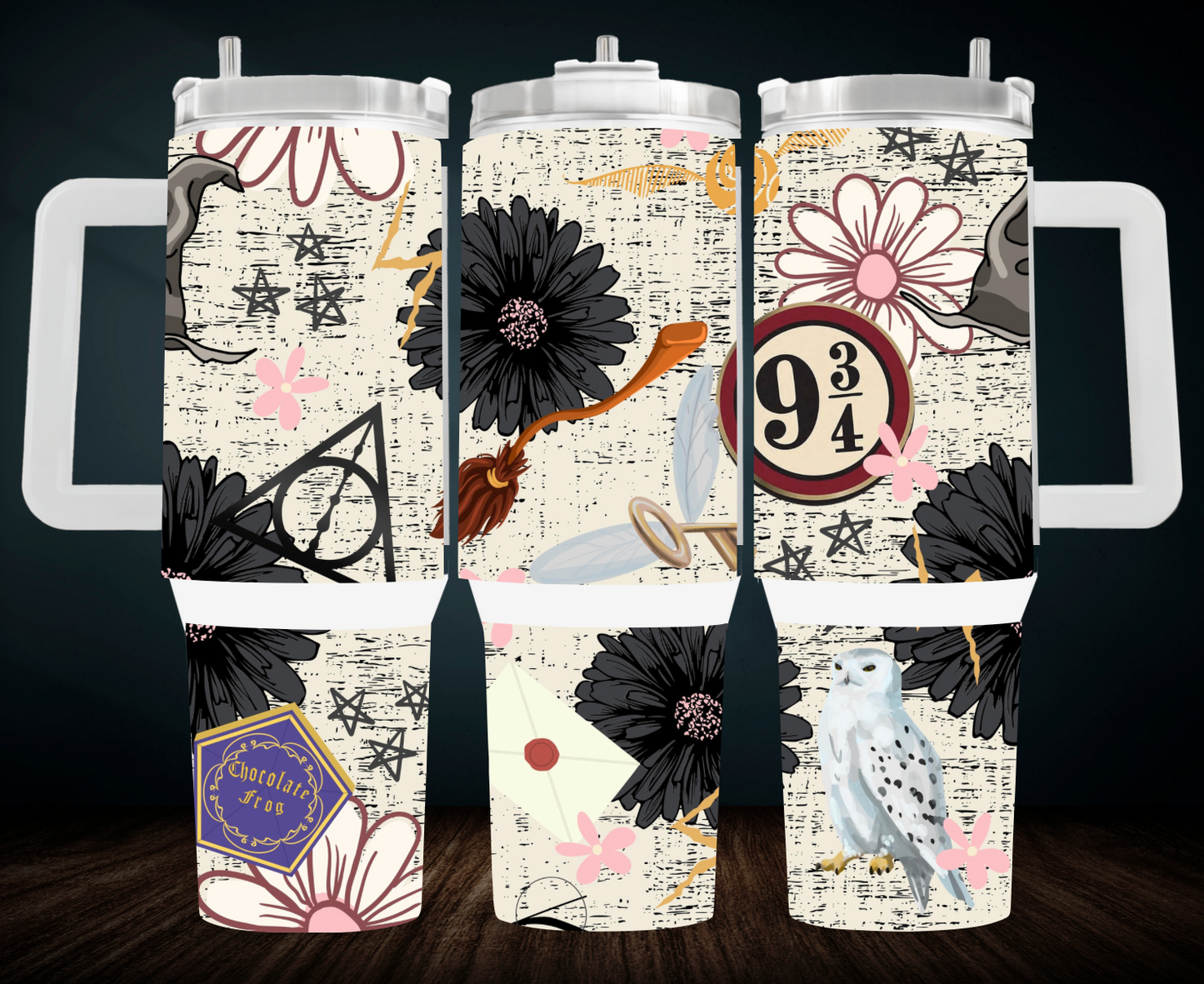 HP 40 Oz Tumbler HP Items Flowers Pattern Tumbler 40 Oz Black White