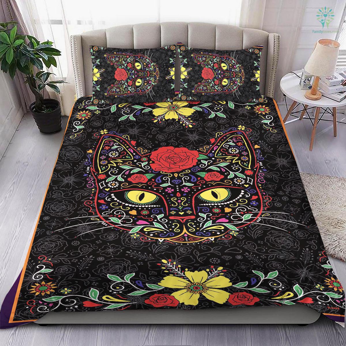 Cat Bedding Set Floral Sugar Cat Flower Pattern Duvet Covers Black Unique Gift