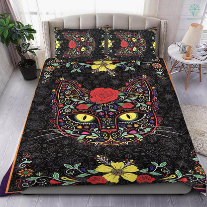 Cat Bedding Set Floral Sugar Cat Flower Pattern Duvet Covers Black Unique Gift