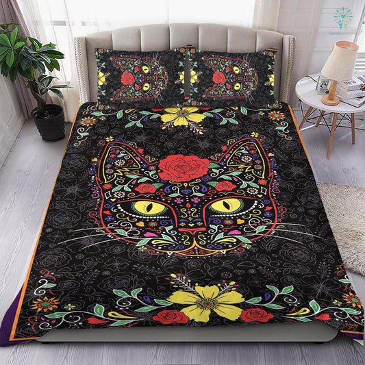 Cat Bedding Set Floral Sugar Cat Flower Pattern Duvet Covers Black Unique Gift