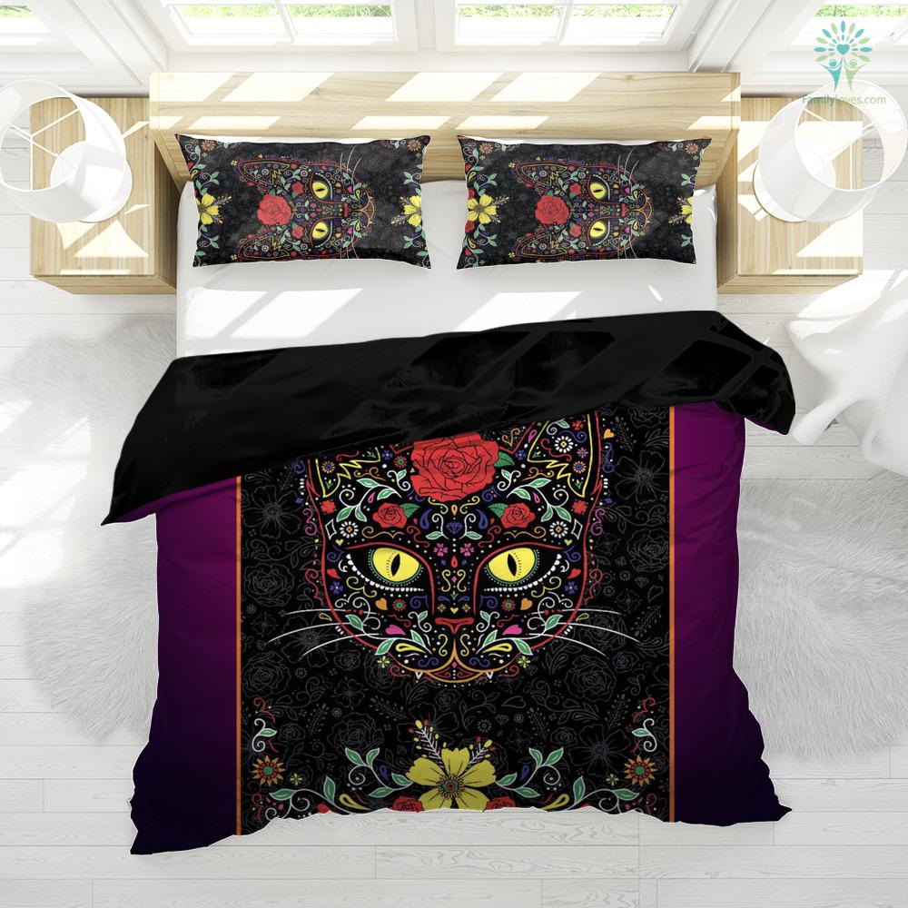 Cat Bedding Set Floral Sugar Cat Flower Pattern Duvet Covers Black Unique Gift