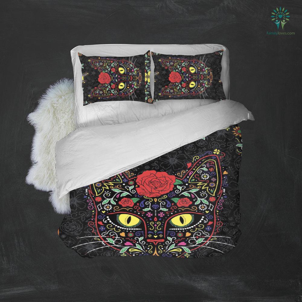 Cat Bedding Set Floral Sugar Cat Flower Pattern Duvet Covers Black Unique Gift