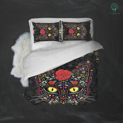 Cat Bedding Set Floral Sugar Cat Flower Pattern Duvet Covers Black Unique Gift