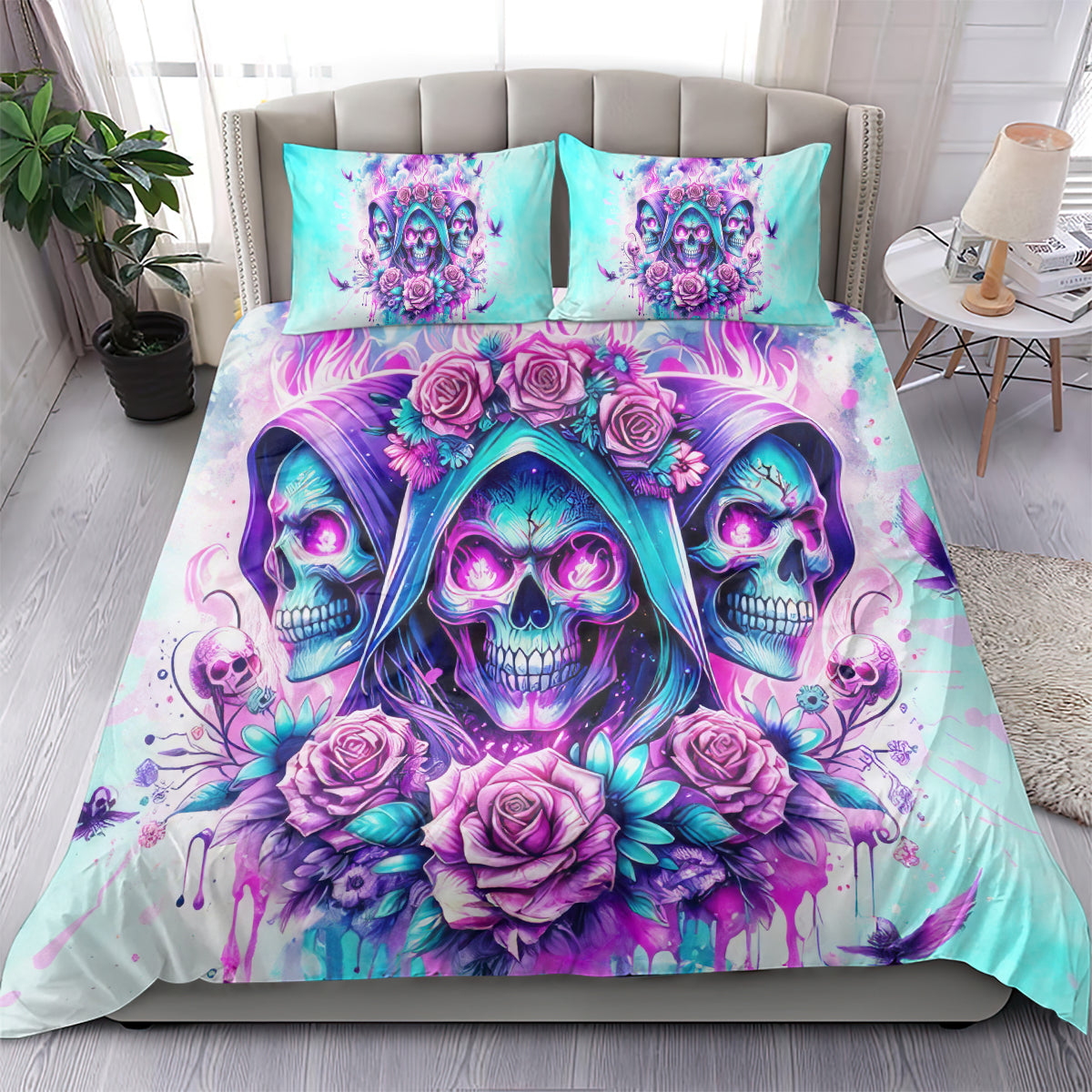 Skull Bedding Set Skulls And Flower Roses Pattern Duvet Covers Blue Pink Unique Gift