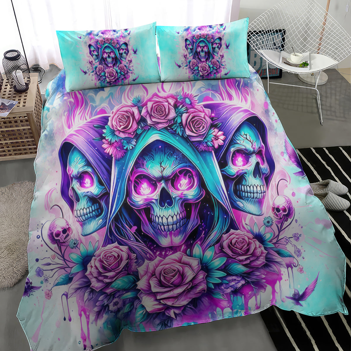 Skull Bedding Set Skulls And Flower Roses Pattern Duvet Covers Blue Pink Unique Gift