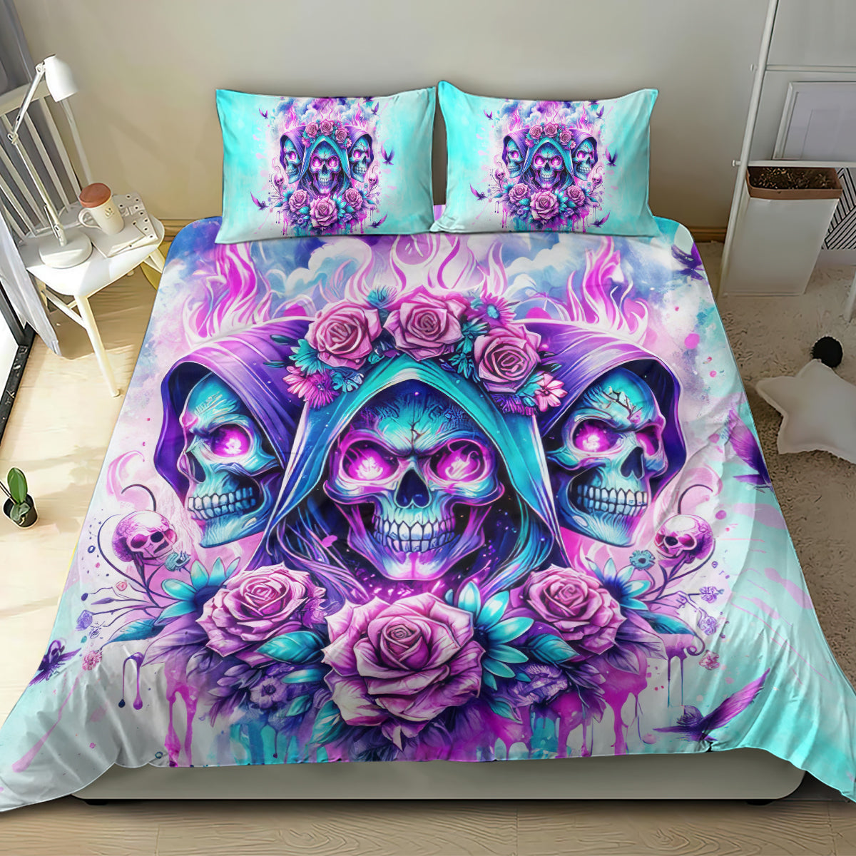 Skull Bedding Set Skulls And Flower Roses Pattern Duvet Covers Blue Pink Unique Gift