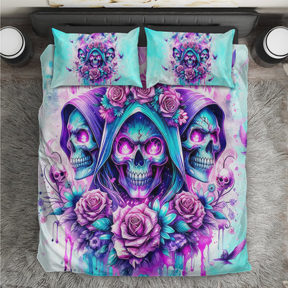 Skull Bedding Set Skulls And Flower Roses Pattern Duvet Covers Blue Pink Unique Gift