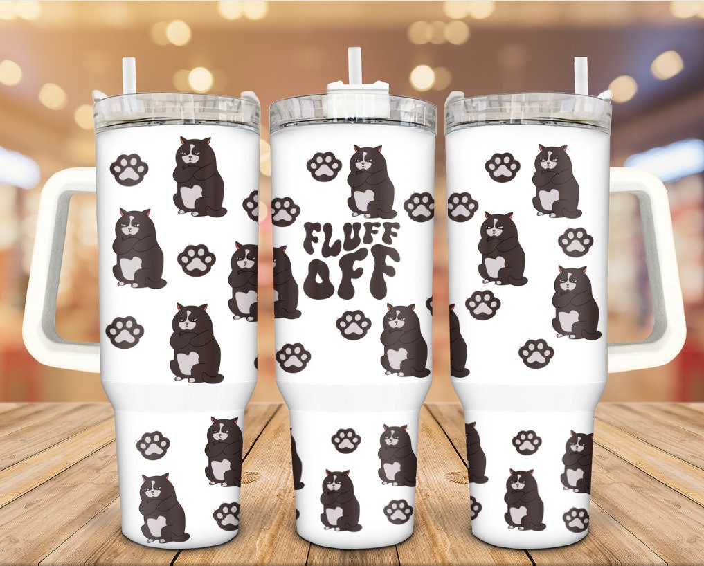 Cat 40 Oz Tumbler Fluff Off Chonky Cats Pawprint Pattern Tumbler 40 Oz Black White