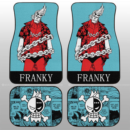 One Piece Car Mats Cool Franky Manga Pattern Jolly Roger Symbol Car Floor Mats Blue