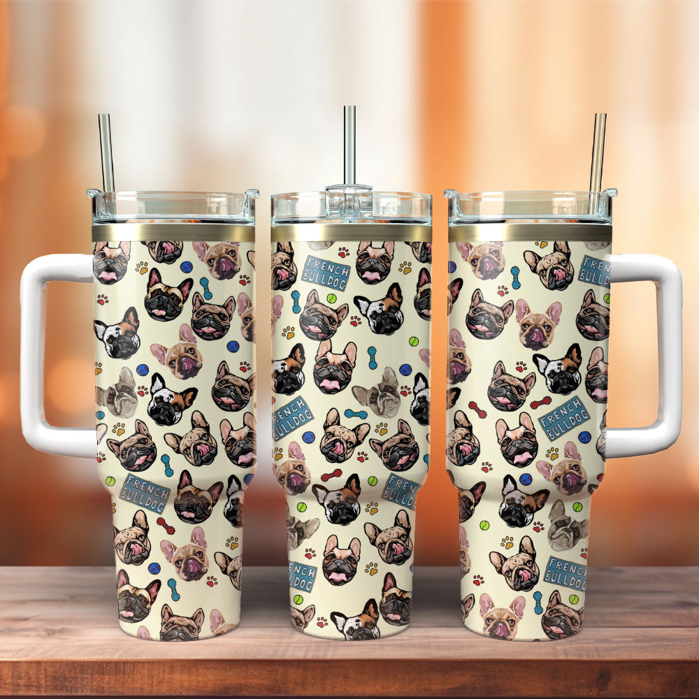 Dog 40 Oz Tumbler French Bull Dog Cute Pattern Tumbler 40 Oz White Brown