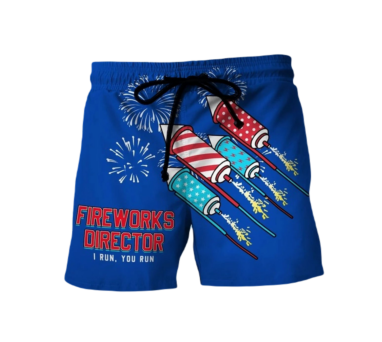 Funny Shorts Fireworks Director I Run You Run Beach Shorts Blue