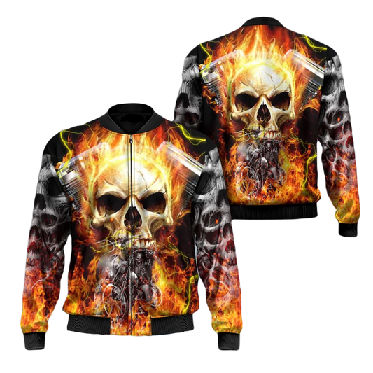 Skull Bomber Jacket Ghost Fire Biker Flame Skull Bomber Black Yellow Unisex