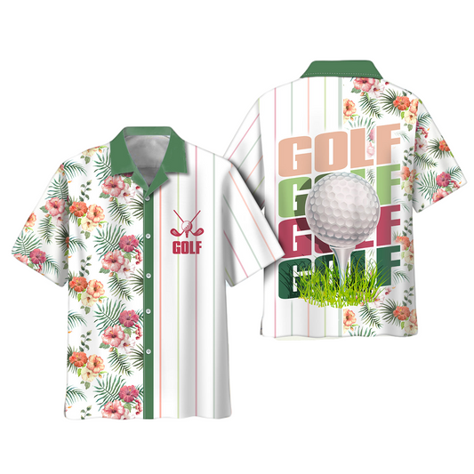 Golf Hawaii Shirt Golf Hibiscus Flower Pattern Hawaiian Shirt White Green Unisex
