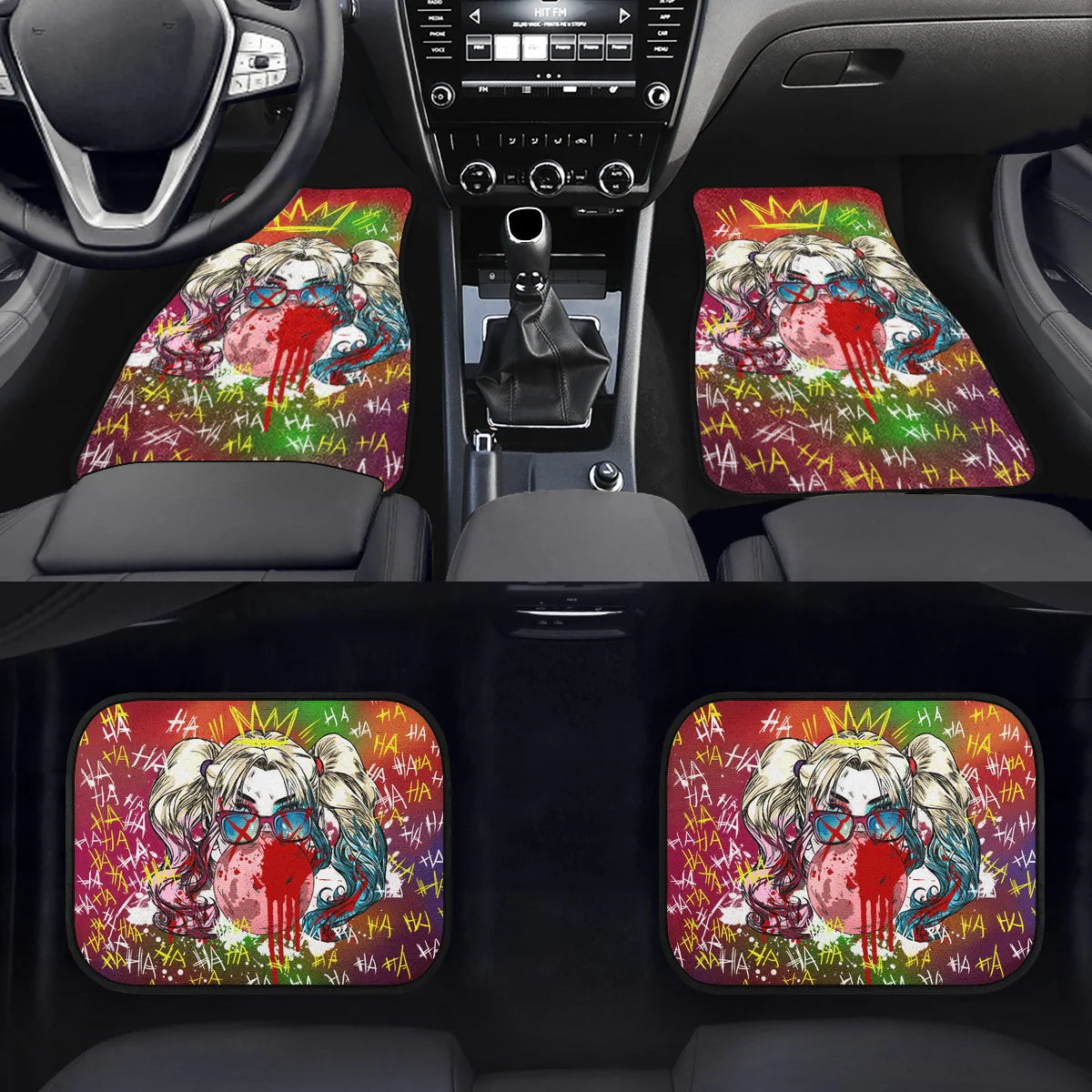 Harley Quinn Car Mats DC Harley Quinn Blowing Bubble Gum Laughing Pattern Car Floor Mats Colorful