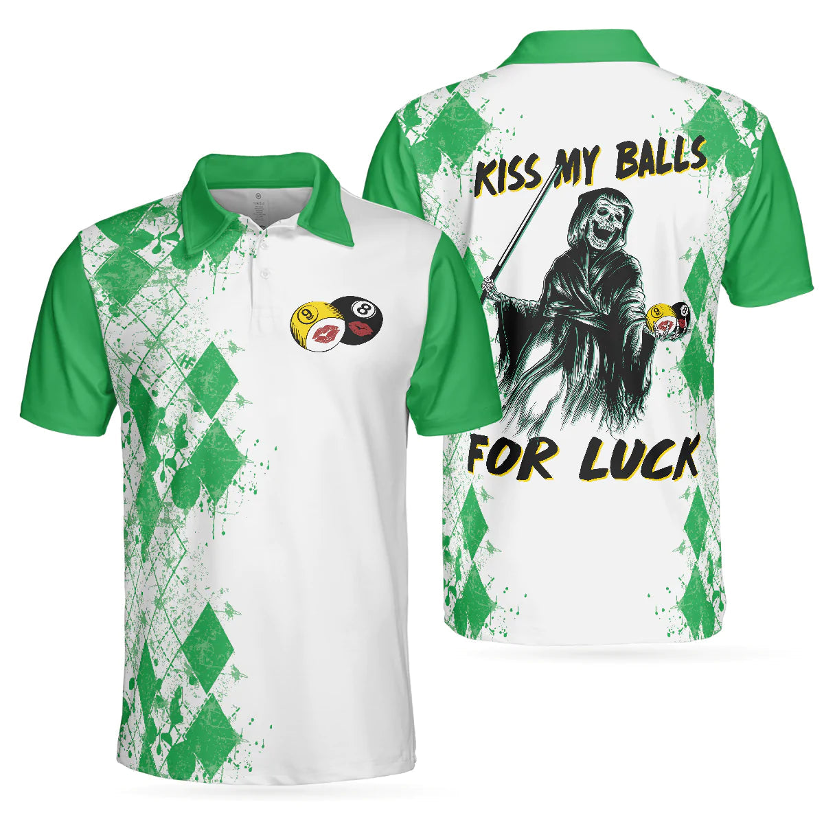 Billard Polo Shirt Kiss My Balls For Luck Boys Polo Shirts White Green