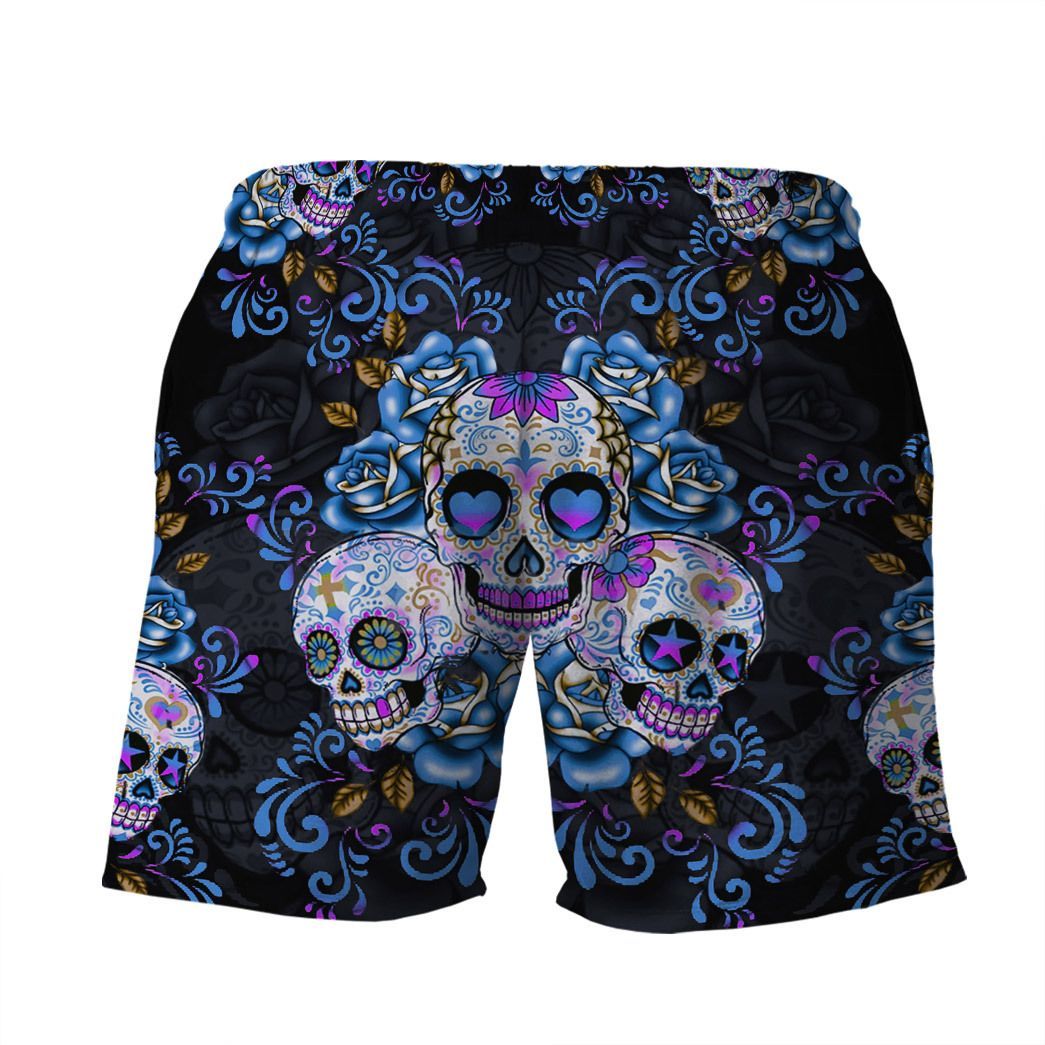 Skull Shorts Sugar Skull Flower Pattern Beach Shorts Black Blue