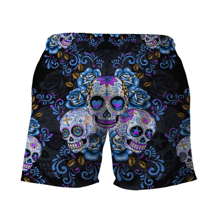 Skull Shorts Sugar Skull Flower Pattern Beach Shorts Black Blue