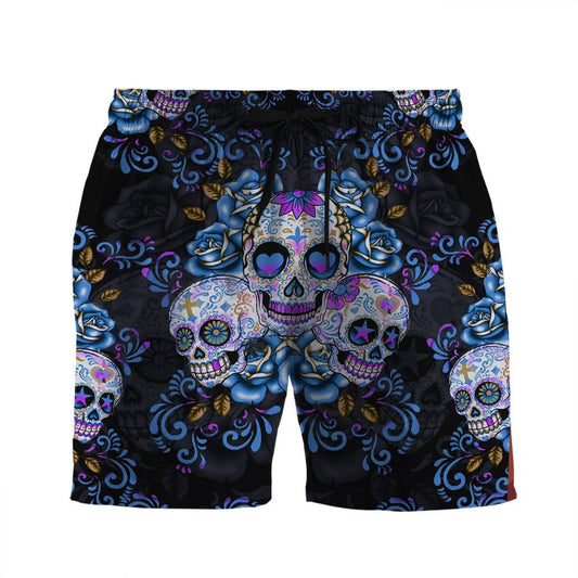 Skull Shorts Sugar Skull Flower Pattern Beach Shorts Black Blue