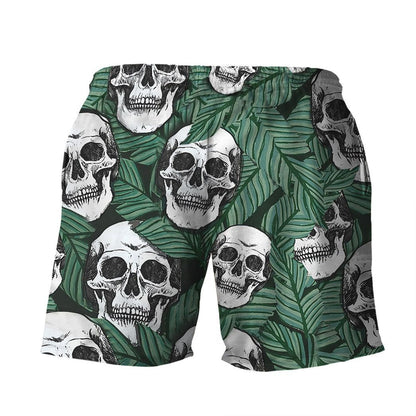 Skull Shorts Skull And Tropical Leaf Pattern Beach Shorts White Green