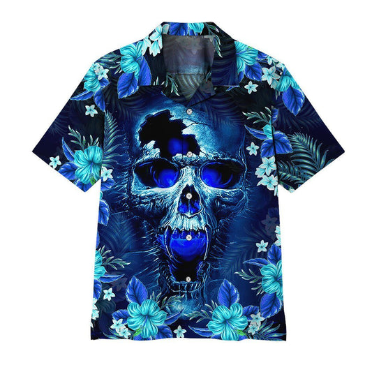 Skull Hawaii Shirt Scary Skull Screaming Hibiscus Flower Hawaiian Shirt Blue Unisex