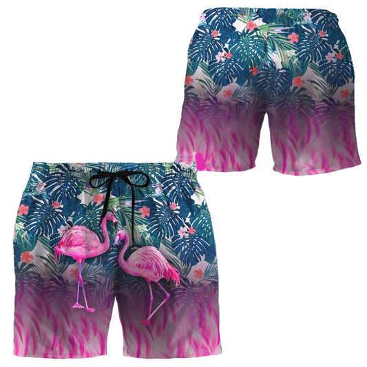 Flamingo Shorts Flamingo Hibiscus Flower Pattern Beach Shorts Pink Green