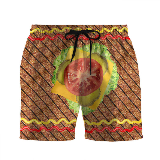 Funny Shorts Hamburger Items Ketchup Mustard Graphic Beach Shorts Colorful