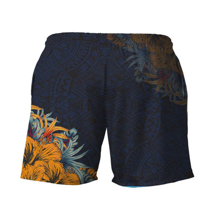 Turtle Shorts Polynesian Sea Turtle Hibiscus Flower Beach Shorts Blue Orange