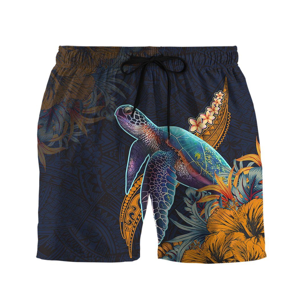 Turtle Shorts Polynesian Sea Turtle Hibiscus Flower Beach Shorts Blue Orange