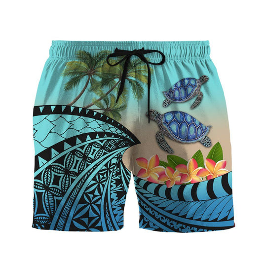 Turtle Shorts Polynesian Turtle Plumeria Pattern Beach Shorts Blue