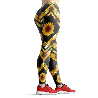 Hippie Leggings Hippie Style Sunflower Pattern High Waisted Legging Black Yellow For Women