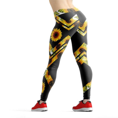 Hippie Leggings Hippie Style Sunflower Pattern High Waisted Legging Black Yellow For Women