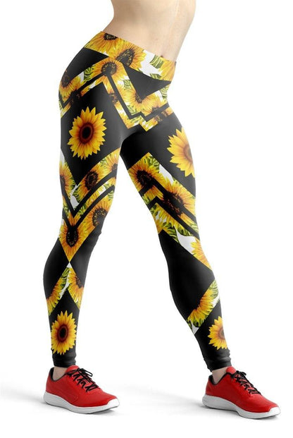 Hippie Leggings Hippie Style Sunflower Pattern High Waisted Legging Black Yellow For Women