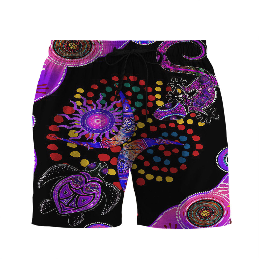 Turtle Shorts Henna Art Style Turtle Lizard Beach Shorts Black Purple