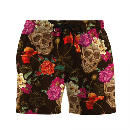 Skull Shorts Skulls And Flowers Graphic Beach Shorts Colorful