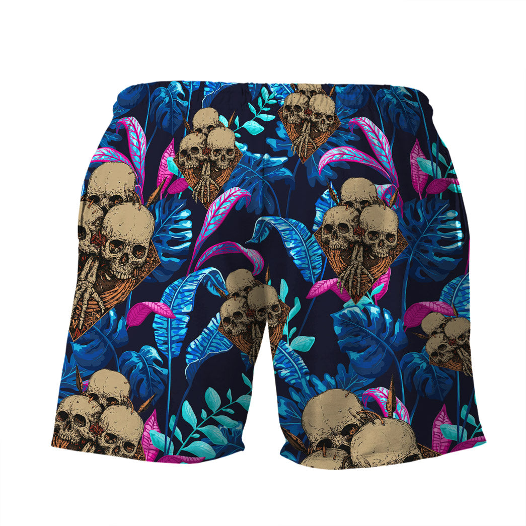 Skull Shorts Skull Tropical Palm Leaves Pattern Beach Shorts Blue Brown