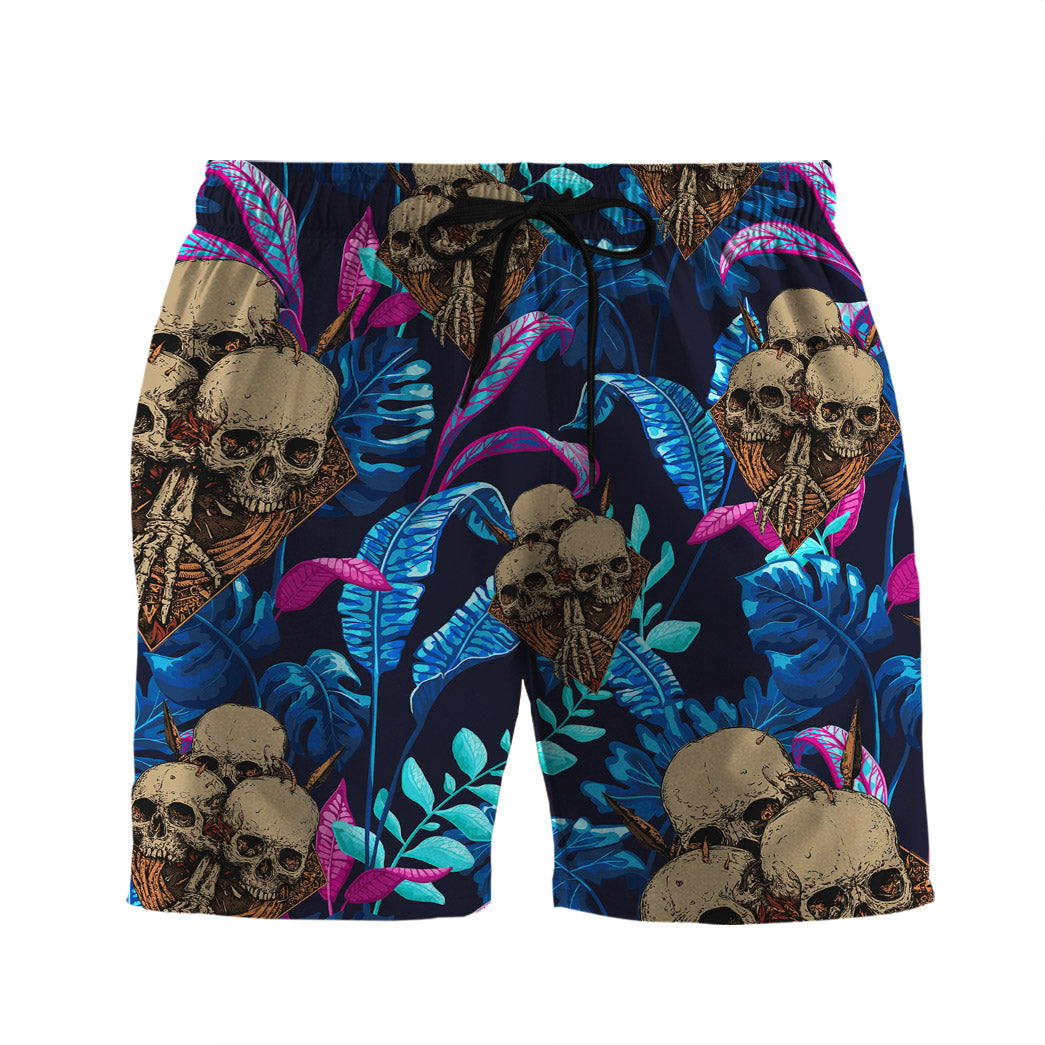 Skull Shorts Skull Tropical Palm Leaves Pattern Beach Shorts Blue Brown