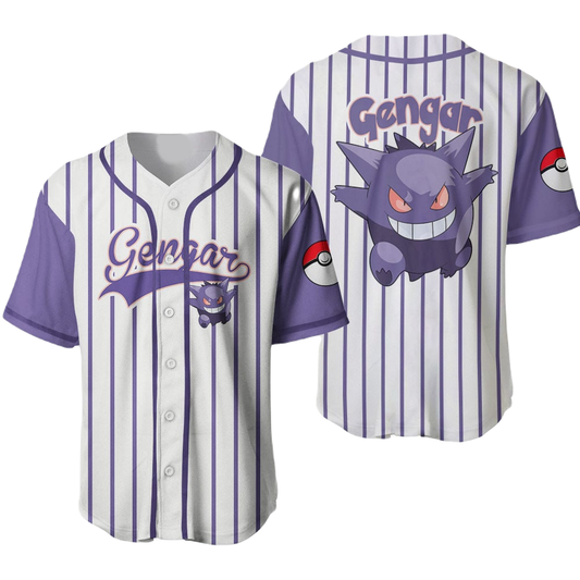 PKM Baseball Jersey PKM Gengar Graphic Jersey Shirt Purple White Unisex